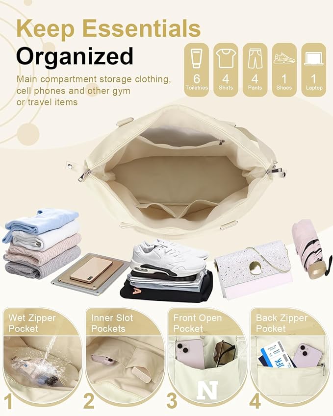 Initial Travel Duffel Bag Sports Gym Bag for Kids Teen Birthday Gifts,Beige Personalized Weekender Bag Carry On Dance Bags for Women Men,Waterproof Monogram Overnight Bag with Trolley Sleeve(Letter N)