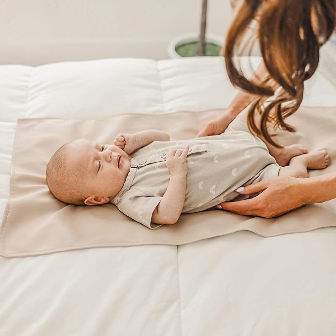 Konssy Faux Leather Baby Changing Mat, Waterproof, Wipeable & Portable Diaper Changing Pad for Travel or Home, Fits Perfectly in Diaper Bag, 30 x 17 inches (Fog Green,Beige)