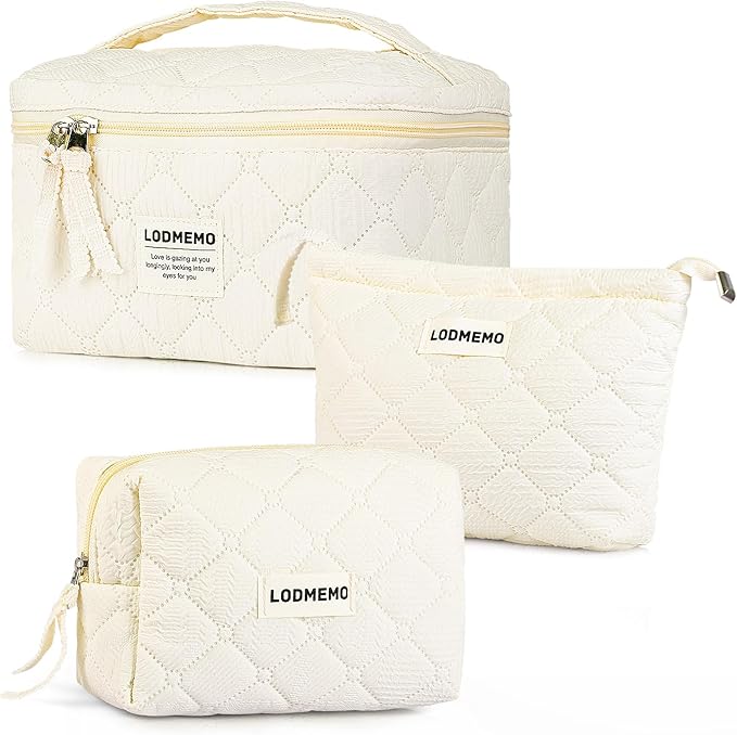 Makeup Bag 3 PCS Cosmetic Bags for Women, Large Travel Make up Bag Set Cute Cotton Toiletry Bag Organizer Pouch for Purse, Beige