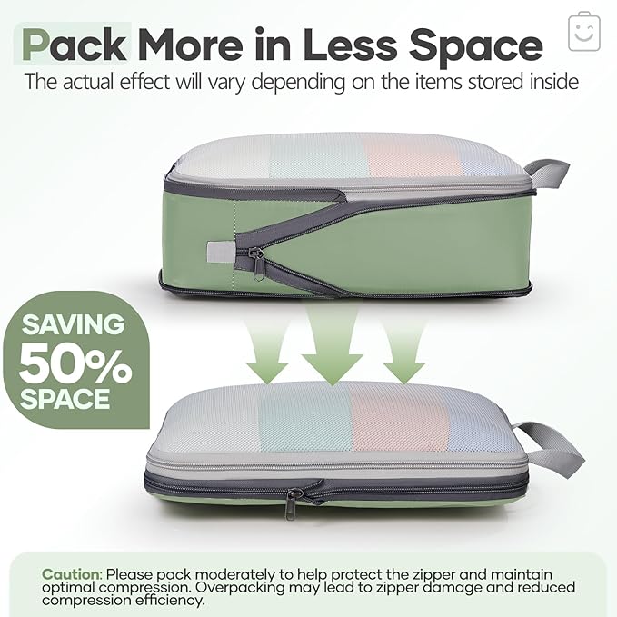 Veken 11 Set Compression Packing Cubes for Travel Essentials,Compressible Expandable Large Luggage Suitcase Organizer Bags for Clothing,Durable Space Saver Storage Bags(Matcha Green)