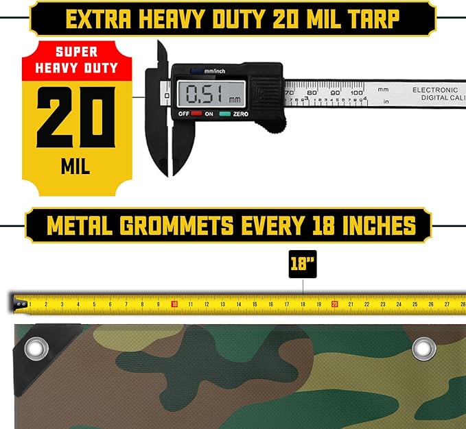 Core Tarps Extreme Heavy Duty 20 Mil Tarp Cover, Waterproof, UV Resistant, Rip and Tear Proof, Poly Tarpaulin with Reinforced Edges for Roof, Camping, Patio, Pool, Boat (Camouflage/Green 20′ X 20′)
