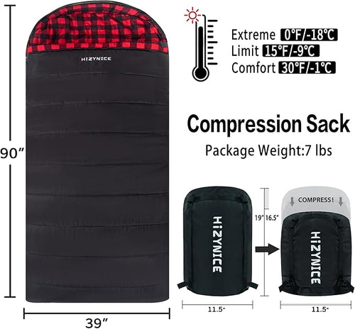 0 Degree Sleeping Bag 100% Cotton Flannel XXL for Adults Big and Tall Cold Weather Winter Zero Degree Camping,Free Compression Sack