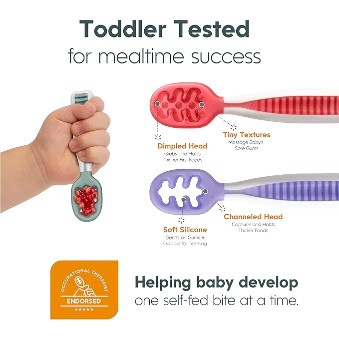 NumNum Baby Spoons Set, Baby Essentials Pre-Spoon GOOtensils for 6+ Months, First Stage Self-Feeding Spoons for Baby Led Weaning (BLW), Silicone Toddler Utensils, BPA-Free, 2 Pack Gray/Green