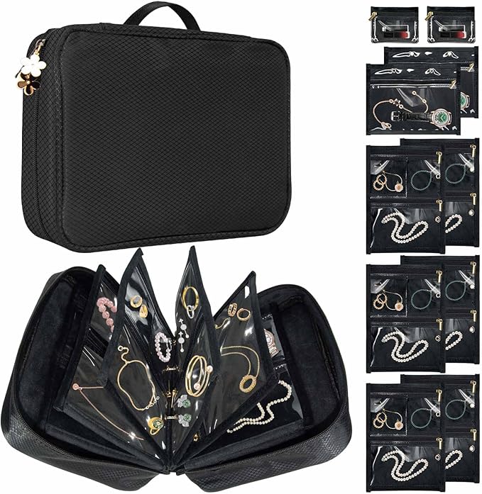 Travel Jewelry Organizer Case, Jewelry Storage Bag with Zipper Velvet Pockets, Portable Jewelry Case for Necklaces, Rings, Earrings, Bracelets