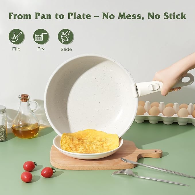 18 Pcs Pots and Pans Set Non Stick, Cookware Sets with Detachable Handle, Nonstick RV Kitchen Cooking Tools Removable Handles, Oven Safe, Induction Fast, Stackable Induction Cookware, White