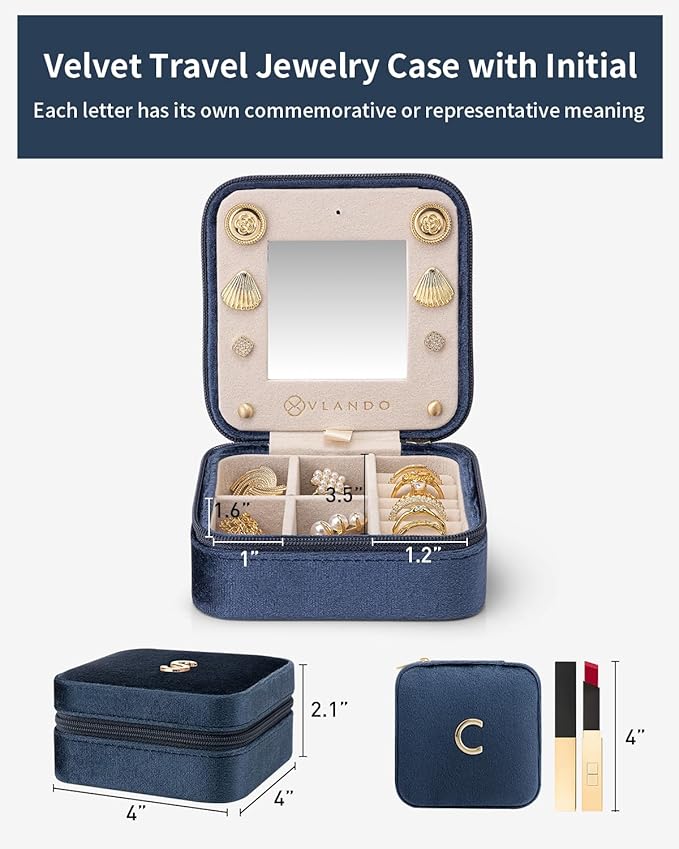 Vlando Travel Essentials for Women Jewelry Box, Travel Accessories for Teen Girl Trendy Stuff, Necklace Earrings Ring Organizer, Travel Must Have - Letter C, Dark Blue