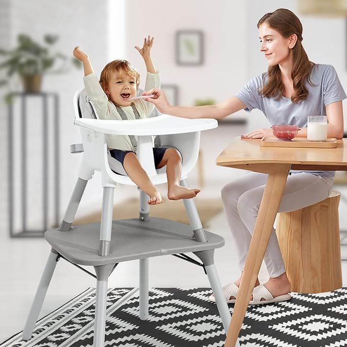 BABY JOY High Chair, 5 in 1 Convertible Highchair for Babies & Toddlers | Booster Seat | Table and Chair Set | Infant Feeding Chair with Removable Tray, Safety Harness, Removable Cushion (Gray)