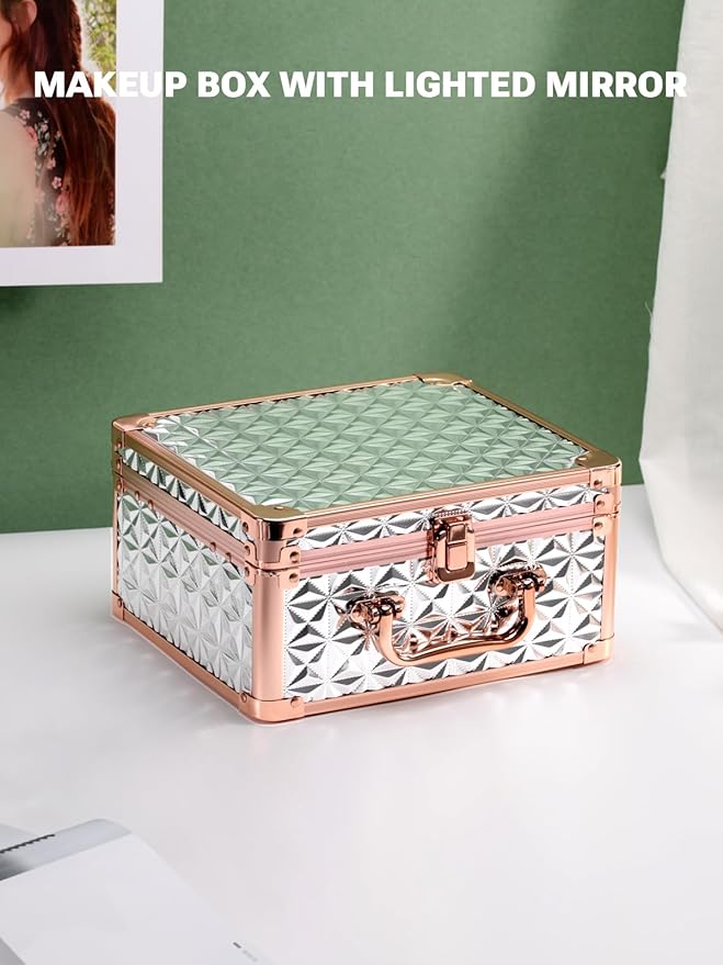 Qislee Makeup Box with A Detachable Lighted Mirror, Waterproof Travel Train Case, Cosmetic Organizer and Makeup Suitcase with Adjustable Dividers, Magnetic LED Mirror(Sparkling Silver)