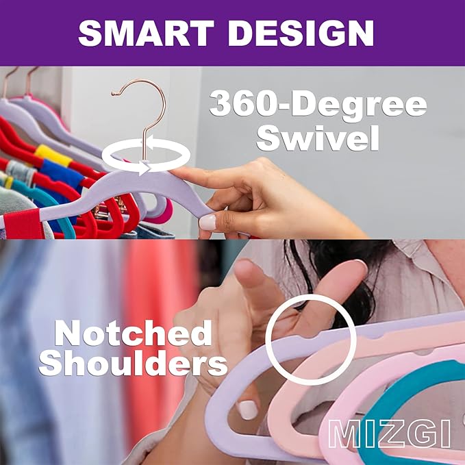 MIZGI Premium Velvet Hangers (50 Pack) Heavy Duty - Non Slip Felt Hangers - White - Rose Gold Swivel Hooks,Space Saving Clothes Hanger,Durable Strong Hanger for Suits,Coats,Dress