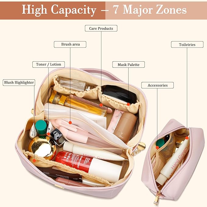 Birthday Gifts for Women Teen Girl, Personalized Initial Makeup Organizer Bag Set, Open Flat Travel Cosmetic Bag With Clear Divider and Handle(Pink,G)