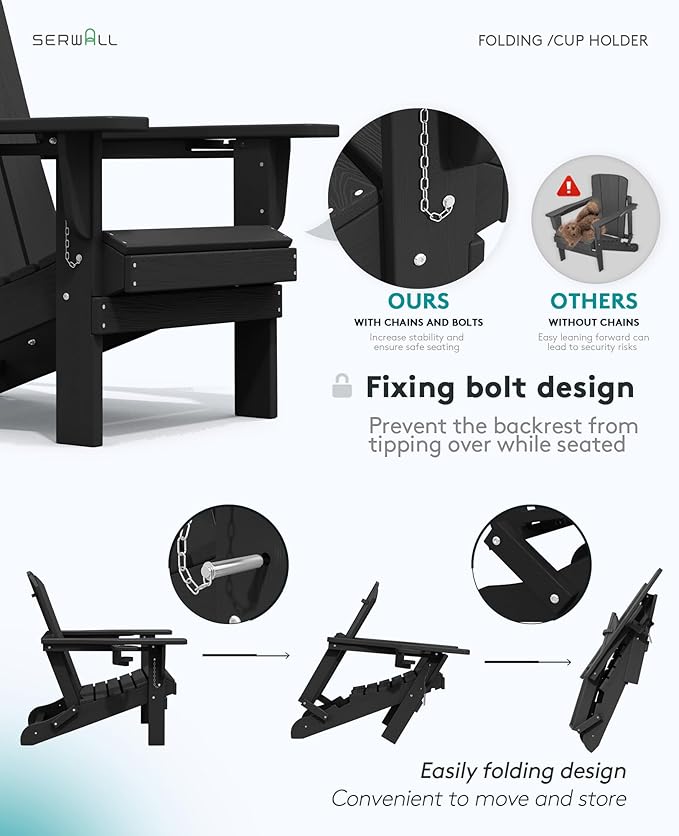 SERWALL HDPE Folding Adirondack Chair with Dual Cup Holder - Composite Adirondack Chair - Black