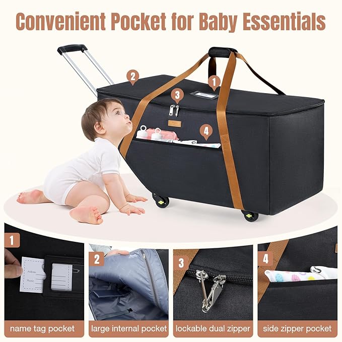Infant Car Seat Travel Bag with Wheels Fits Chicco KeyFit 30,Nuna Pipa,UPPAbaby MESA, Padded Car Seat Bags for Airplane, Gate Check Bag with Side Pocket, Removable Cover for Air Travel, Black