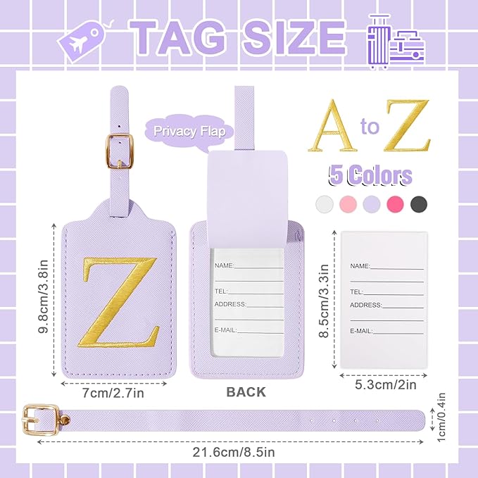 Personalized Initial Luggage Tags for Suitcase, Purple Leather Cute Luggage Tags with Privacy Cover Name Card, Embroidered Custom Monogrammed Luggage Tag Travel Backpack Tags Gifts for Women Kids(Z)