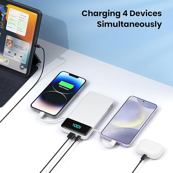 Portable Charger for iPhone with Built in Cables and Wall Plug,Upgraded 13800mAh Fast Charging USB C Power Bank,4 Outputs Travel Essential Battery Pack Compatible with iPhone 15/14/13,Samsung-White