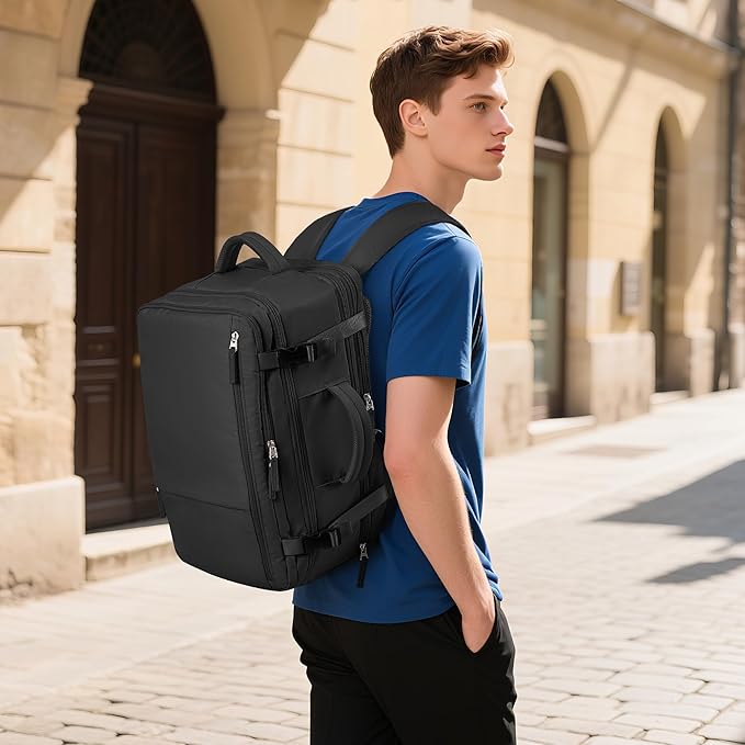 Hanples Travel Backpack for Women Men, Large Carry On Person Item Luggage Backpack, TSA Flight Approved 17.3 In Laptop Bag, Waterproof anti theft Casual Hiking Bag (Black)