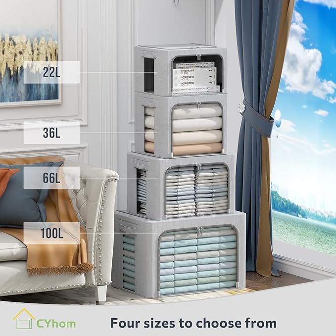 4 Pack Clothes Storage Bins with Metal Frame - Linen Fabric Foldable Stackable Container Organizer Set with Clear Window & Carry Handles & Zippers (Light Grey, 15.7"x11.8"x7.8")