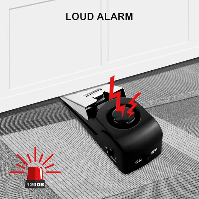 1 Pack Door Stop Alarm, Door Stopper with 120DB Security Alarm, Floor Wedge Door Stop Siren, Door Security Devices for Traveling, Apartment, Hotel and Home, Black