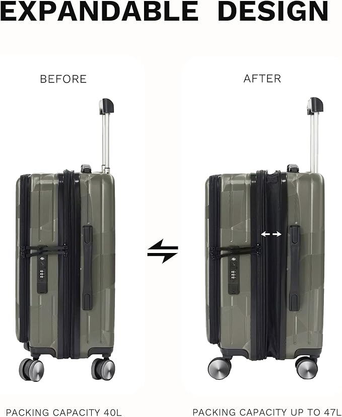 20 inch Carry On Luggage Expandable Top Opening/Clamshell Opening, TSA Approved Carry On Luggage Hard Shell Suitcases, Lightweight Away Carry On Suitcases, Grey