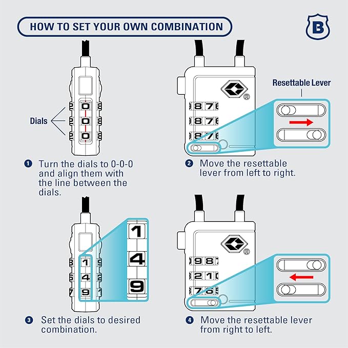 Brinks TSA Accepted Indicator Luggage Lock, Blue - Ressetable Combination, New More Secure TSA008 Key, 4 Pack