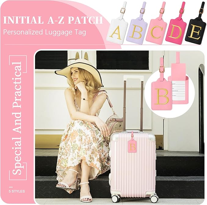 Personalized Initial Luggage Tags for Suitcase, Pink Leather Cute Luggage Tags with Privacy Cover Name Card, Embroidered Custom Monogrammed Luggage Tag Travel Bag Baggage Tags Gifts for Women Kids(B)