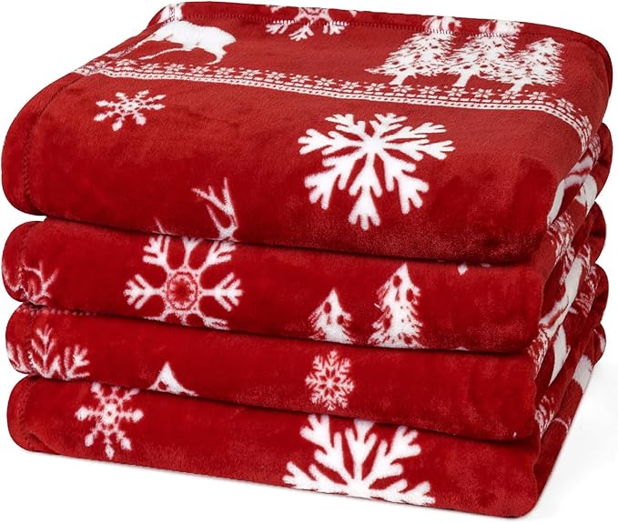 PHF Printed Fleece Blanket King Size, No Shed No Pilling Ultra Soft Plush Cozy Xmas Prints Theme Home Décor Flannel Blanket for Bed, Sofa, Couch and Gift, 108" x 90", Reindeer and Trees, Red