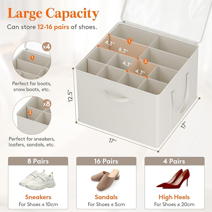 Lifewit Shoe Storage Organizer for Closet, Fits 12-16 Pairs, Large Shoe Box Storage Containers with Clear Cover and Reinforced Handles,Foldable Storage Bins Fits for Boots Heels Sneakers,2 Pack White