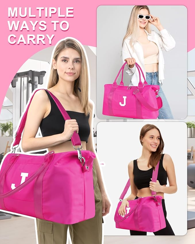 Overnight Bag for Kids Teen Girls Weekender Dance Bag Birthday Graduation Gifts,Initial Travel Duffel Bag Sports Gym Bag Personalized Weekender Bag Carry On Bags Preppy Gifts for Women(Hot Pink, J)