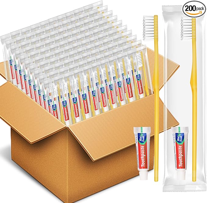 HOFASON Disposable Toothbrushes with Toothpaste Pack of 200, Yellow Hollow Travel Toothbrush Set with 5g Toothpaste Individually Wrapped Toothpaste Bulk for Homeless, Nursing Home, Shelter, Hotel