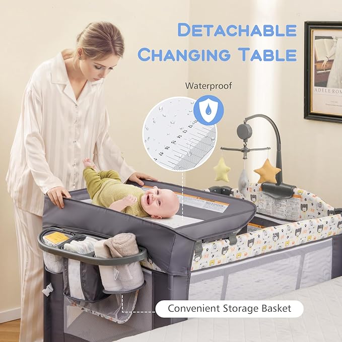 INFANS Pack and Play, 5 in 1 Baby Bedside Sleeper with Bassinet, Diaper Changer, Mattress, Carry Bag, Music Box Hanging Toys, Foldable Bedside Crib, Portable Playard for Newborn Toddlers (Bear)