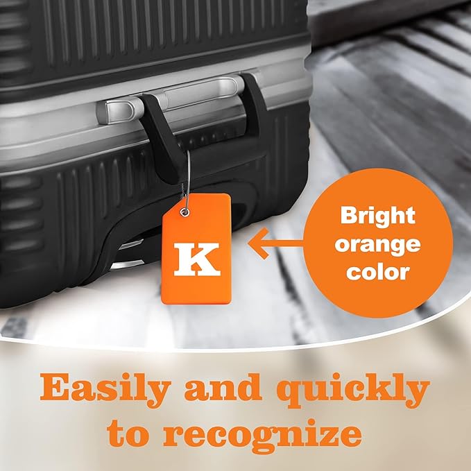 8 Pcs Luggage Tags for Suitcases, 26 Initial Letter Travel Luggage Baggage Identification Labels ID Tags Fully Bendable Tags with Stainless Steel Loop (Letter K, Orange)