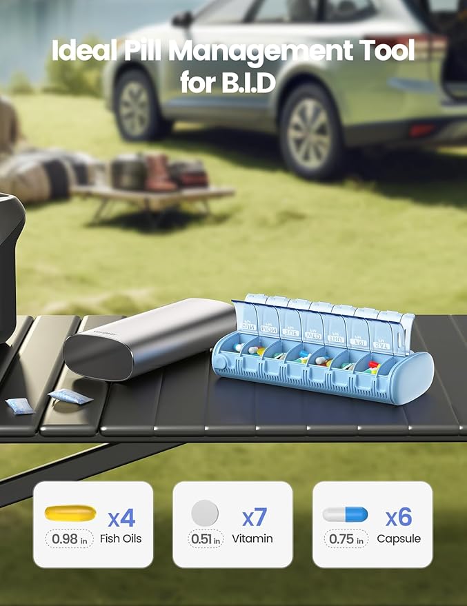 Vaydeer Metal 7 Day Pill Organizer 2 Times a Day – AM PM Weekly Travel Pill Case with Moisture-Proof Desiccant, Airtight Large Capacity Pill Box for Vitamins, Medications & Supplements (Champagne)