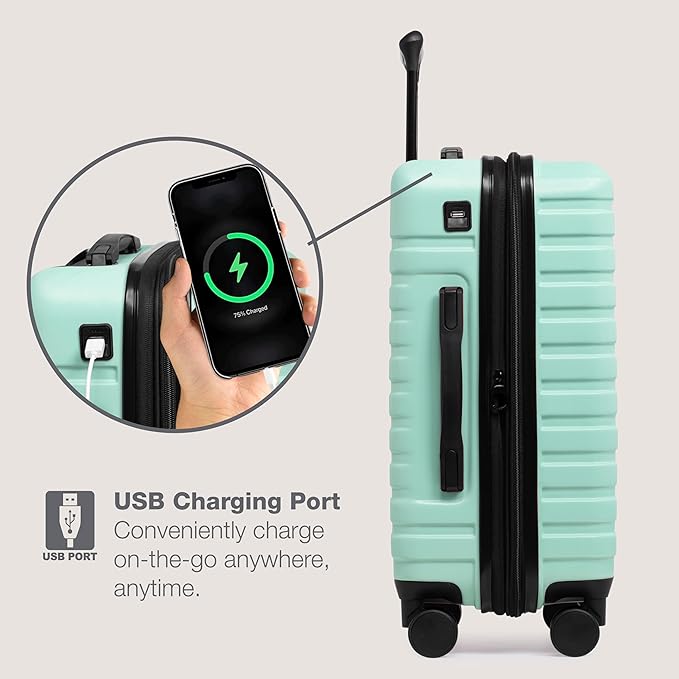 U.S. Traveler Boren Polycarbonate Hardside Rugged Travel Suitcase Luggage with 8 Spinner Wheels, Aluminum Handle, Mint, Carry-on 22-Inch, USB Port