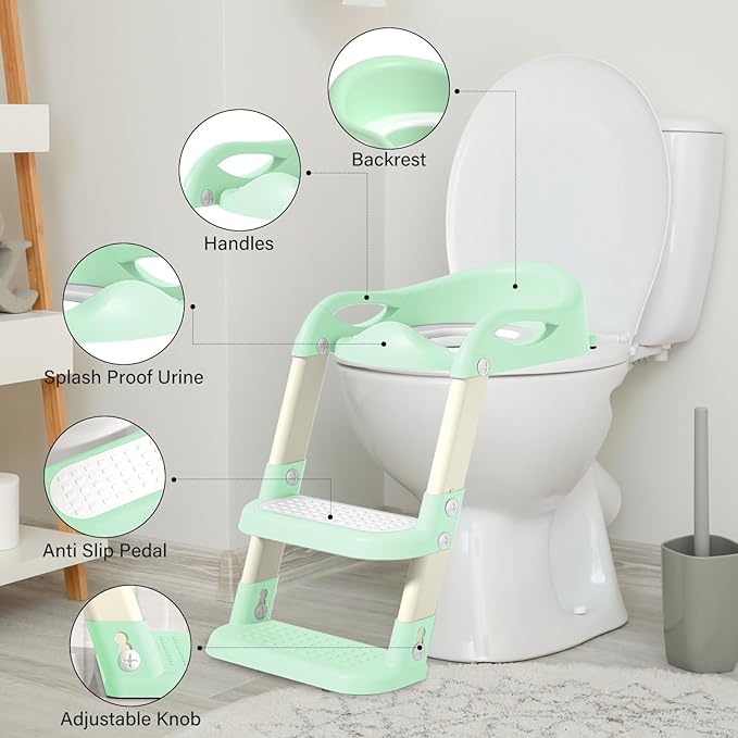 Potty Training Seat with Step Stool Ladder, Adjustable Foldable Potty Seat for Toilet with Anti-Slip Pads Ladder for Kids Boys Girls Toddlers - Green