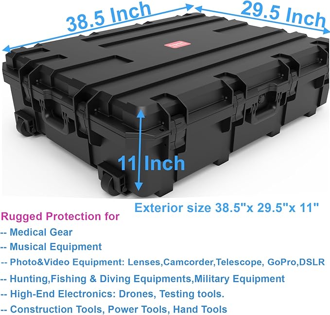 Waterproof Hard Case, 38.5x 29.5 x 11 Inch Rolling Hard Case, Equipment Roller with Wheels,Customizable Foam, for cameras, Camcorder,Drone,Gear, tool,IP67, Inner 32.88" x 23.90" x 8.66"
