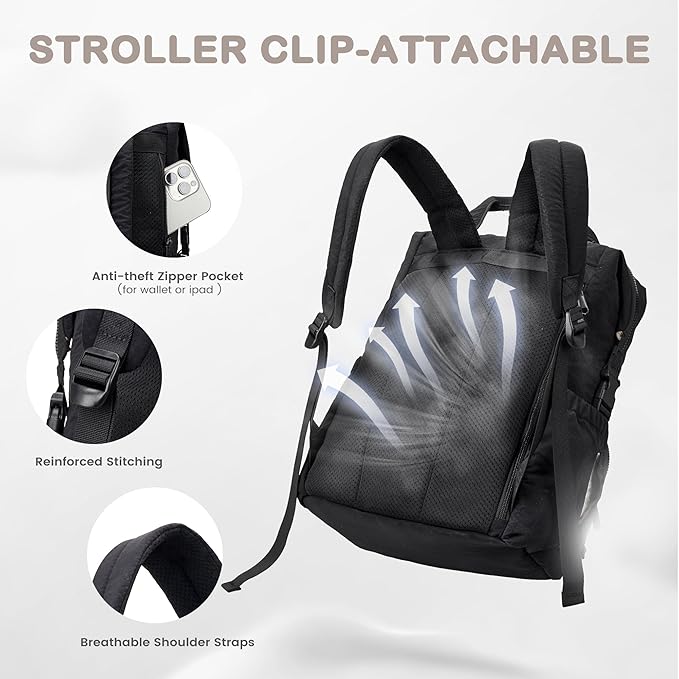 VONAL Diaper Bag Backpack, Lightweight Baby Diaper Bags, Travel Large Diaper Bag with Changing Station, Black Diaper Backpack for Boys Girls Newborn with Insulated Pockets, Stroller Straps