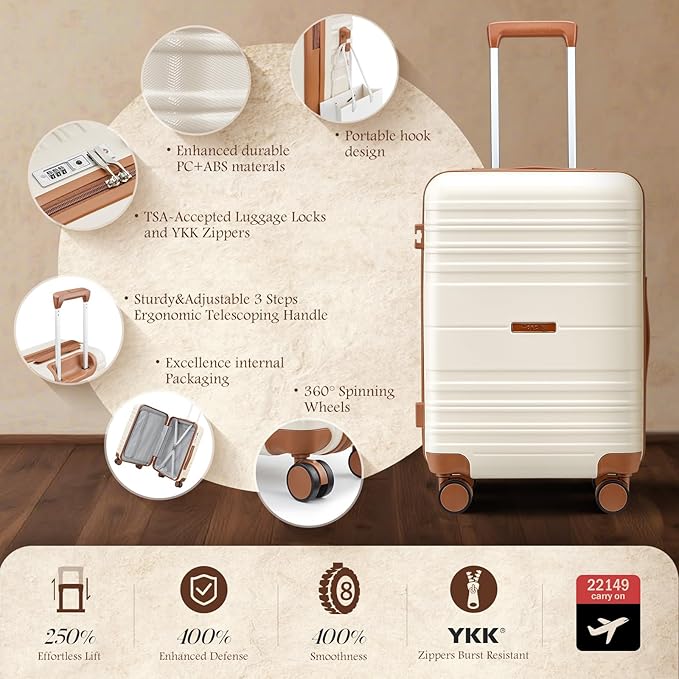 Luggage Sets with spinner wheels, PC+ABS Hard Shell Travel Luggage,Lightweight Carry-on suitcases with TSA Lock,YKK Zippers (Beige, 5 piece sets(20/24/28/DB/TB))