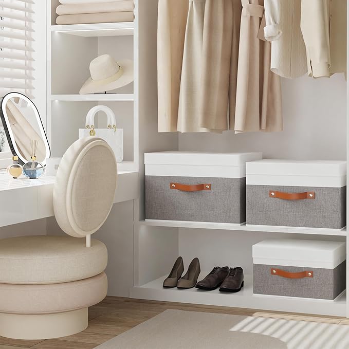 Fabric Storage Bins with Lids, 5 Pack Linen Foldable Cloth Baskets, 15 x 9.8 x 9.8 Inch Closet Organizer Containers with Double Handles, Sweater Boxes for Bedroom, White and Grey