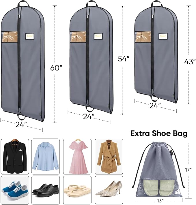 BALEINE 5PK Heavy Duty Garment Bag with Shoe Storage Travel Bag for Dresses, Suit, Coats Travel Essential (60", Grey)
