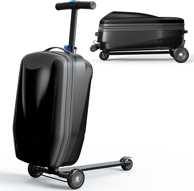 Scooter Hardshell Kids' Luggage, Foldable Carry on Kids Suitcase with Telescopic Handle for Travel, Multifunctional Ride On Lightweight Luggage with Wheels, Light Black