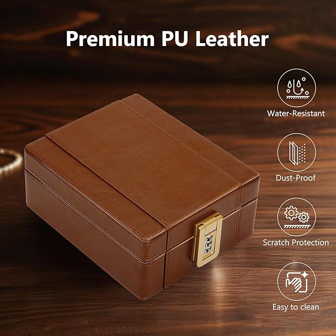 BISON DENIM Watch Box, 4 Watch Travel Case with Combination Lock - PU Leather Men's Watch Storage Box & Jewelry Organizer with Ring Slots & Necklace Hooks, Secure Travel Case, Brown