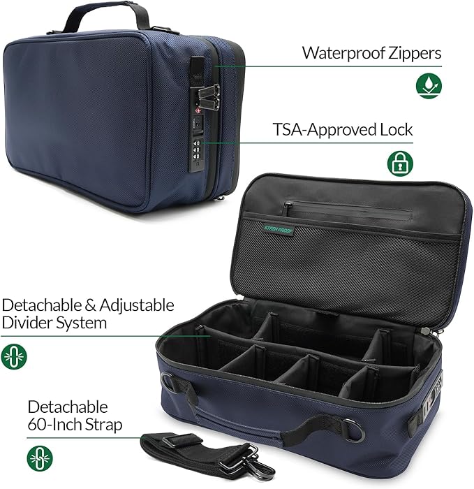 Large Storage Case with TSA Combination Lock Bag, Portable Carbon Lined, XL Medicine Lockable Box for Travel & Home Secured Box Organizer Divider Jars Accessories, Removable Tray (Blue)
