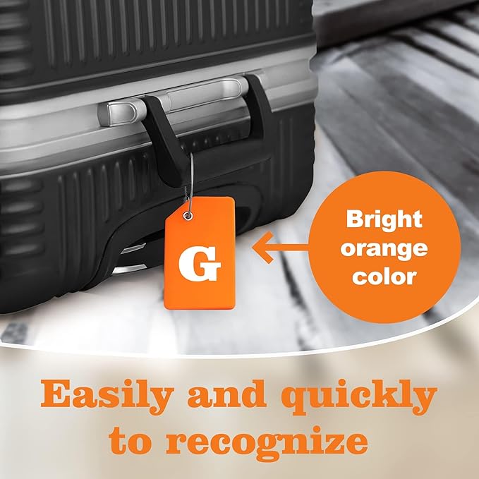8 Pcs Luggage Tags for Suitcases, 26 Initial Letter Travel Luggage Baggage Identification Labels ID Tags Fully Bendable Tags with Stainless Steel Loop (Letter G, Orange)