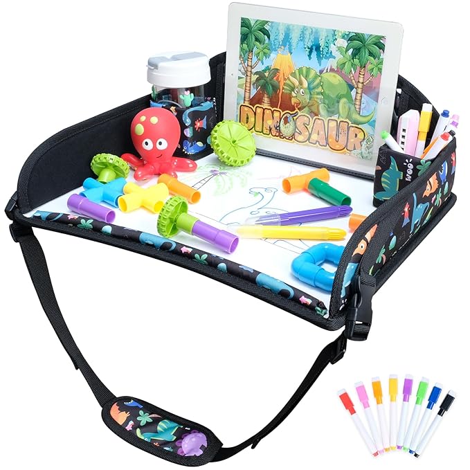 COOLBEBE Kids Travel Tray for Toddler Car Seat, Travel Tray for Airplane, Toddler Car Seat Lap Tray, Carseat Table Tray for Kids Travel Activities (Dinosaur)