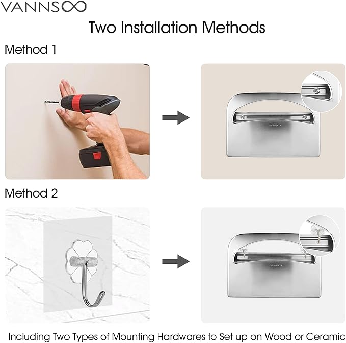 Toilet Seat Cover Dispenser - Stainless Steel Wall Mount Toilet Seat Cover Holder for Commercial Bathroom, 250 Single or Half Fold Seat Covers Capacity (Brushed)