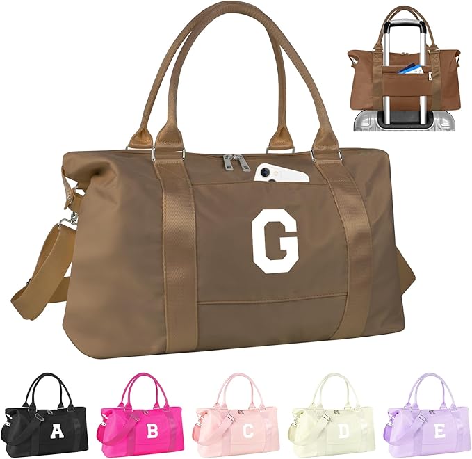 Birthday Graduation Gifts for Daughter,Initial Travel Duffel Bag Sports Gym Bag for Girls Teen Kids Birthday Gifts,Personalized Weekender Bag Carry On Tote Bags Cute Overnight Bag for Women(Brown, G)