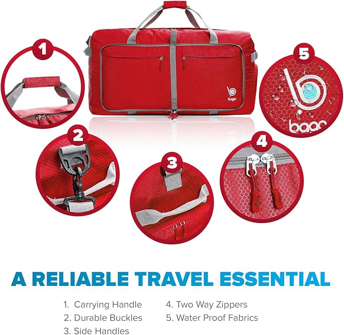 Bago Large Foldable Duffel Bags for Traveling Women & Men - 120L Packable Duffle Bag for Travel with Shoe Compartment - Water Repellant, Heavy Duty, Lightweight Folding & Collapsible (Red)