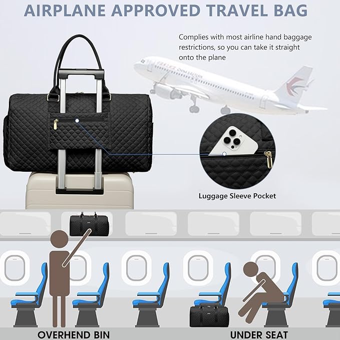Weekender Travel Duffle Bag for Women - Overnight Bags with Wet Pocket Toiletry Bags Carry on Bag with Shoe Compartment Weekend Yoga Gym Traveling Hospital Bags for Labor and Delivery Black