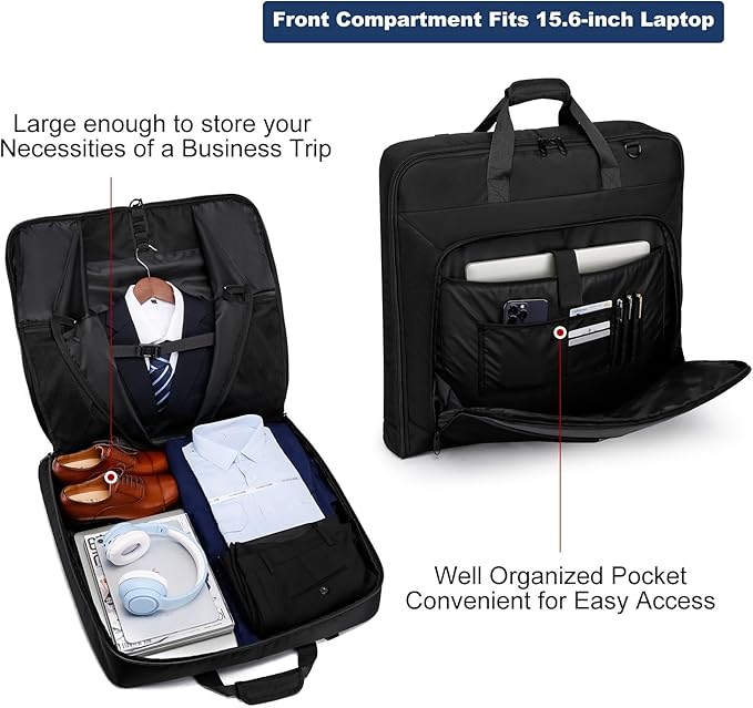 Garment Bag Travel Suit Bag for Men Large 40-Inch Carry on Garment Bag Up to 3 Suits for Business Trips,2 in 1 Hanging Suitcase Luggage Bags for Travel,Foldable Carry On Bag Fits 15.6Inch Laptop,Black