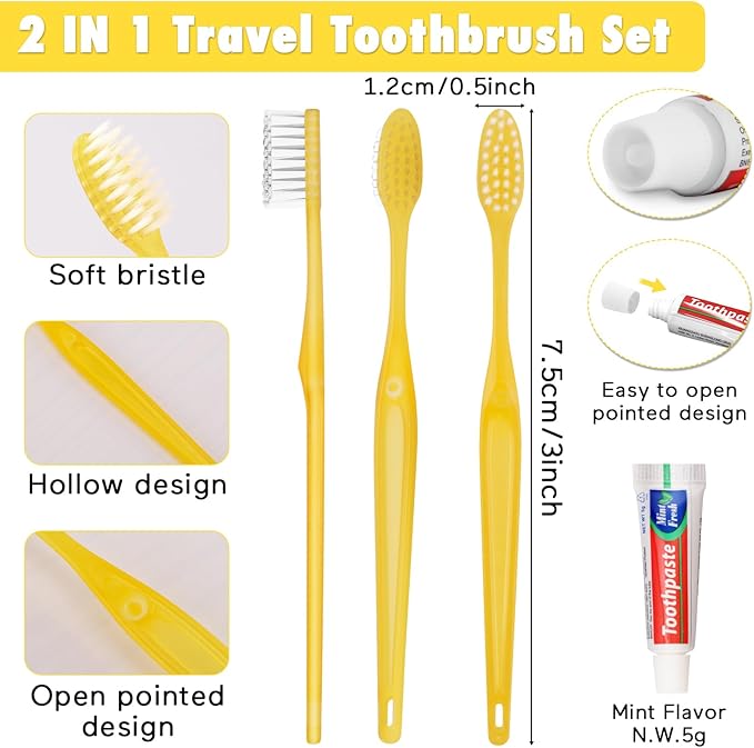 HOFASON Disposable Toothbrushes with Toothpaste Pack of 300, Yellow Hollow Travel Toothbrush Set with 5g Toothpaste Individually Wrapped Toothpaste Bulk for Homeless, Nursing Home, Shelter, Hotel