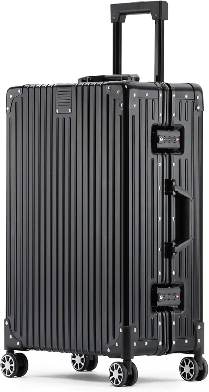 Metal All Aluminum Carry-on Luggage TSA Customs Lock Zipperless Silent Rotary Wheel Business Suitcase Aluminum Frame Set (black, 20 '')